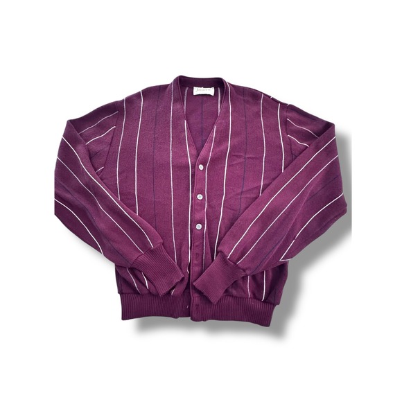 Jantzen Men's Striped Knit Cardigan Sweater Vintage Burgundy White L - Picture 1 of 8